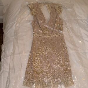 New Hello Molly gold and white sequin and lace mini dress.